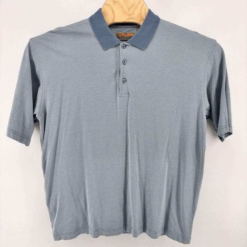 Bobby Chan Men's L 70% Silk 30% Cotton Blue Gray Geometric Polo Shirt